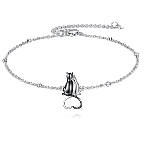 AOBOCO 925 Sterling Silver Cute Cat Kitty Bracelet Adjustable Link Chain, Cat Jewelry Gifts for Cat Lovers 7-9 inches - style: F-Black Cat Tails
