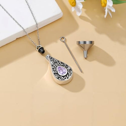 Teardrop Urn Necklace for Ashes Filigree Birthstone Keepsake Pendant Cremation Jewelry for Ashes Memorial Jewelry Gifts for Loss of a Loved One for Women - style: Jun-Alexandrite