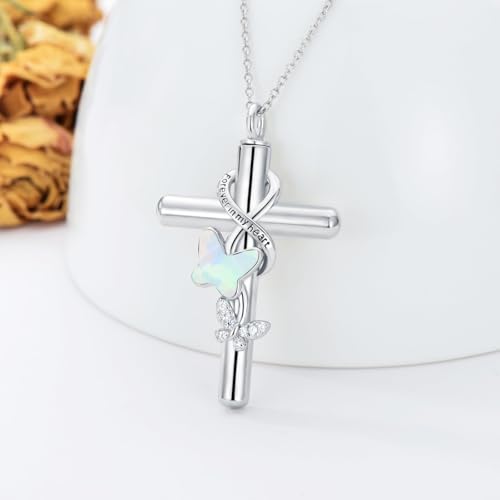 Cross Urn Necklace for Ashes 925 Sterling Silver Cremation Jewelry with Funnel Filler Kit Ashes Necklace for Human Women Girl Pets - color: A_Opal Butterfly Urn Necklace, style: Personalized