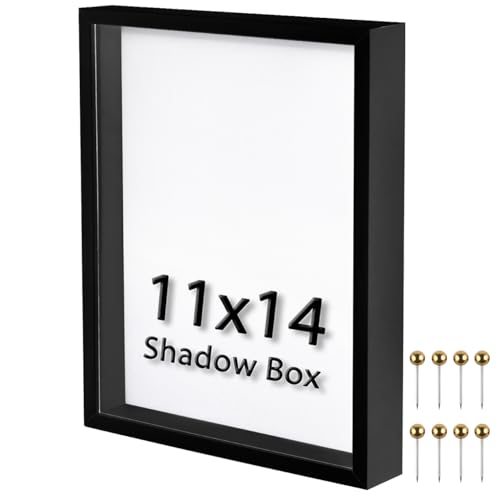 11x14 Shadow Box Frame | Soft Linen Back & Push Pins Included, Polystyrene Glass Memory Display Case for Flowers, Tickets & Cherished 3D Items, Black - color: Black, size: 11x14