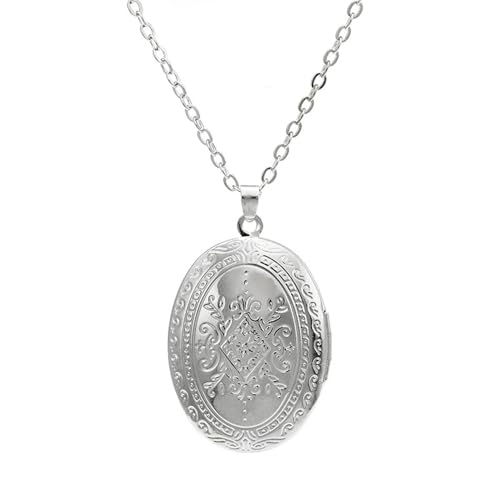 Vintage Heart Shape Antique - inspired Floral Etchings Locket Picture Pendant Necklace for Women Anniversary Birthday Gift-Silver - color: oval Silver