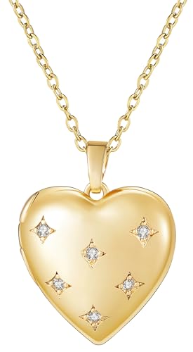 YOUFENG Love Heart Locket Necklace that Holds Pictures Photo Locket Birthday Gifts - style: Gold-plated 6 CZ