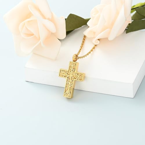 shajwo Tree of Life Cross Cremation Jewelry Urn Necklaces for Ashes | Memorial Ashes Pendant Necklace of Loved One Women Men Ashes Keepsake Necklace - color: Gold