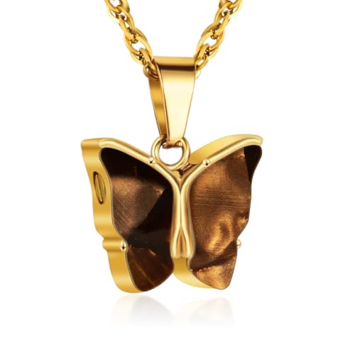XIUDA Cremation Urn Necklace for Ashes with Crystal Butterfly Stainless Steel Memorial Keepsake Cremation Jewelry Pendant for Women - color: Brown