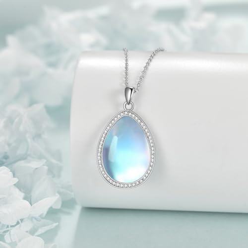 CRMAD Larimar/Opal/Lapis Lazuli/Tourmaline/Malachite/Labradorite/Turquoise/Onyx/Rose Quartz/Amber/Peridot Necklace for Women 925 Sterling Silver Teardrop Pendant Jewelry Gifts - color: Moonstone-zircon