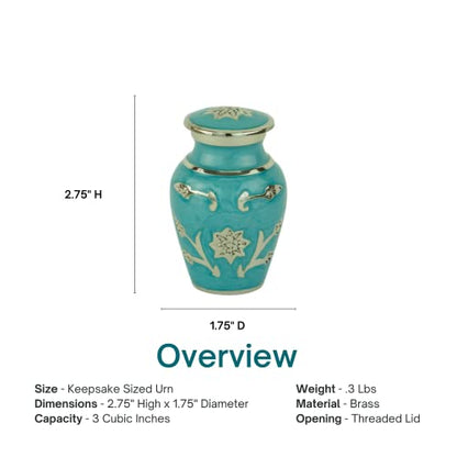 Grace Turquoise Keepsake Cremation Urn for Ashes, Brass, Blue Green Urn, Keepsake Sized Cremation Urn, 3 Inches High - color: Turquoise