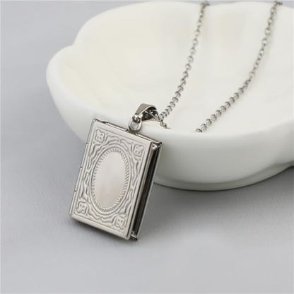 Gold Plated Photo Book Necklace for Husband Wife Exquisite Fashion In Memory Pendant Necklace Couple Best Friend Father Mother Jewelry Gift - color: Silver