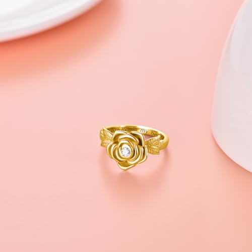 925 Sterling Silver Rose Flower Cremation Urn Ring Holds Loved Ones Ashes Cremation Keepsake Ring Jewelry Embellished with Crystals from Austria - color: Gold
