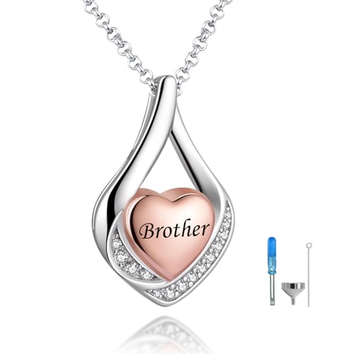 Cremation Jewelry 925 Sterling Silver Teardrop Urn Necklace for Ashes Heart Shape Memorial Keepsake Pendant for Human Ashes for Women Gift - color: D Rose Gold - Brother