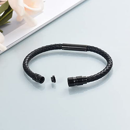 shajwo Cremation Jewelry Urn Bracelet for Ashes for Women Men Cylinder Genuine Leather Bangle Bracelet Ashes Memorial Keepsake Jewelry - color: Screw Black-20cm