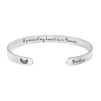 Memorial Gifts for Loss of Mom Dad In Memory of Jewelry Sympathy Bracelet | Bereavement Cuff Secret Message Engraved Grief Gifts for Women - style: Brother Memorial-A piece of my heart is in heaven