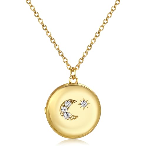 Gold Locket Necklace for Women Vintage, Heart Star Moon Butterfly Angel Holds Picture Photo Oval Locket Pendant Memorial Necklace Personalized Celestial Jewelry Birthday Gifts - style: Round Star Moon