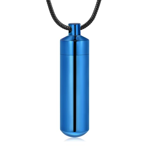 Cylinder Urn Necklace for Ashes with Glass Vials Cremation Jewelry Stainless Steel Ash Holder Keepsake Memorial Jewelry with Fill Tool - color: Blue-A