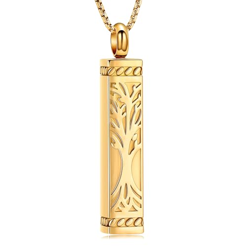 Tree of Life Urn Necklace, Stainless Steel Memorial Ashes Pendant | Tree of Life Cremation Jewelry Stainless Steel Locket Vertical Bar Keepsake Necklace Jewelry for Women Men Human Ashes - color: Gold