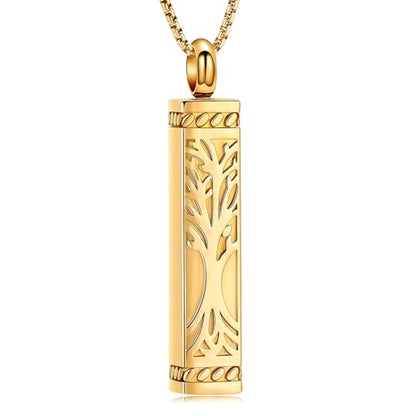 Tree of Life Urn Necklace, Stainless Steel Memorial Ashes Pendant | Tree of Life Cremation Jewelry Stainless Steel Locket Vertical Bar Keepsake Necklace Jewelry for Women Men Human Ashes - color: Gold
