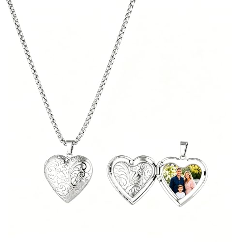Stainless Steel Photo Locket Necklace for Women, 3mm Box Chain, Personalized Picture Holder Pendant, Waterproof Hypoallergenic Sentimental Jewelry Gift - color: Floral Scroll Heart Silver