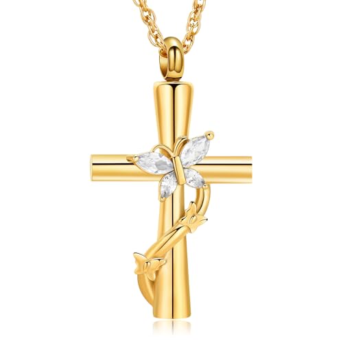 shajwo Butterfly Cross Urn Necklaces for Ashes for Women Men - color: Gold-White