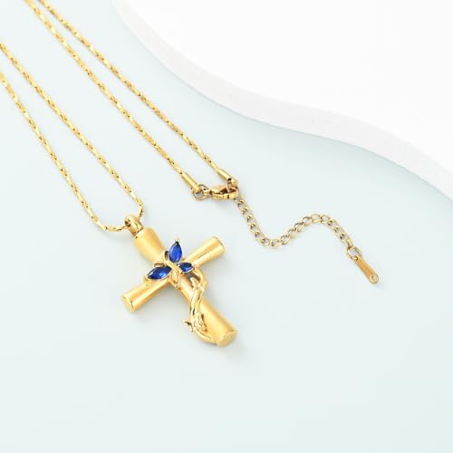 Imrsanl Cross with Butterfly Urn Necklaces for Ashes for Women - color: Gold Blue