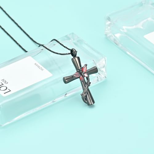 Butterfly Cross Urn Necklace for Ashes Birthstone Cremation Jewelry for Men Women Ashes Pendant Keepsake Memorial Ash Jewelry - color: Black-Red