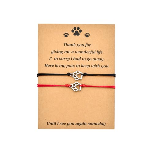 Memorial Bracelet for Pet Loss Sympathy Gifts Paw Print Friendship Bracelets for 2 Remembrance Gifts for Dog Cat Lovers - color: Black and Red