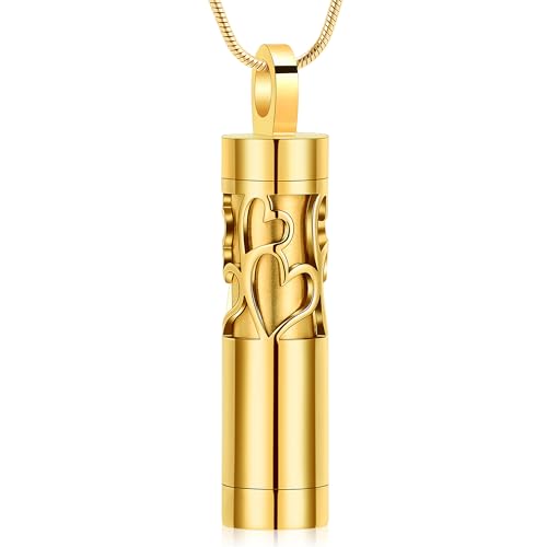 Hollow Cylinder Urn Necklace for Ashes for Women Men Vial Stainless Steel Cremation Jewelry Memorial Keepsake Locket Pendant - color: Gold