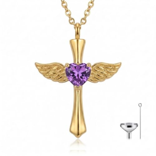 14K Gold Angel Wings Cross URN Necklace Cremation Necklaces for Ashes Embellished with Birthstone, Yellow Gold Fine Keepsake Memorial Jewelry - color: February Birthstone
