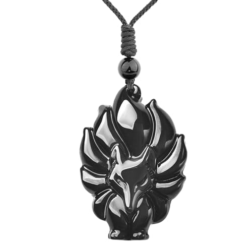 ASGIFT Black Obsidian Necklace Healing Crystal Stone Amulet Protection Pendant with Adjustable Rope Necklace Birthday Christmas Gift for Men Women - color: FoxC Black