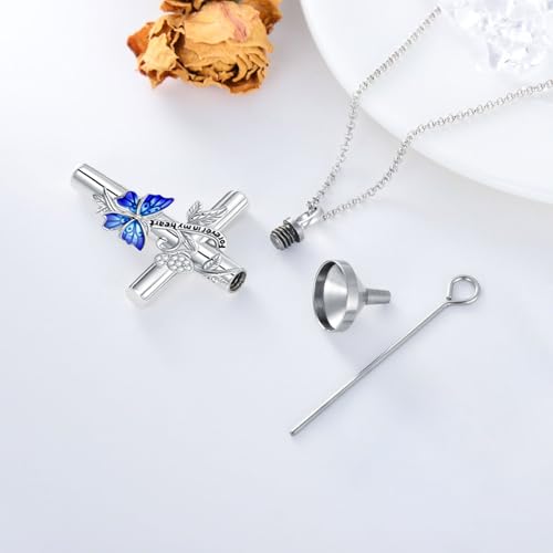 SOULMEET Enamel Butterfly Cross Urn Necklace for Ashes, Cross Moissanite Butterfly Ashes Necklaces with Forever in My Heart Engraved Keepsake Cremation Locket Jewelry for Women Men - color: A-Blue, style: Non Custom