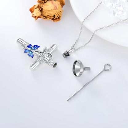 SOULMEET Enamel Butterfly Cross Urn Necklace for Ashes, Cross Moissanite Butterfly Ashes Necklaces with Forever in My Heart Engraved Keepsake Cremation Locket Jewelry for Women Men - color: A-Blue, style: Non Custom