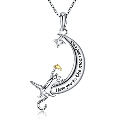 Sterling Silver Cat Necklace Jewelry Memorial Gifts for Cat Lovers | Cat Pendant Necklace ，Cute Dainty Animal Remembrance Jewelry Birthday Gifts for Cat Mom Her Women - style: I love you to the moon and back 1