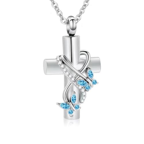 Butterfly Urn Necklace for Ashes for Women Cross Infinity Cremation Ash Pendant for Human Pet Memorial Keepsake Jewelry - color: Blue