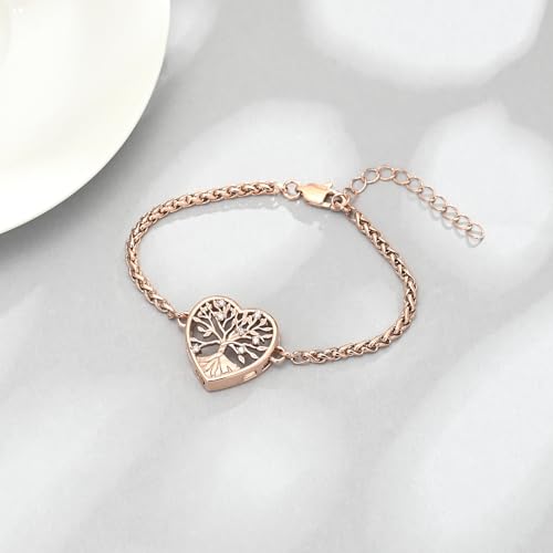 zeqingjw Heart Urn Bracelet for Ashes for Women Men Tree of Life Cremation Bangle Ashes Holder Keepsake Pendant Memorial Jewelry Gifts - color: Rose Gold