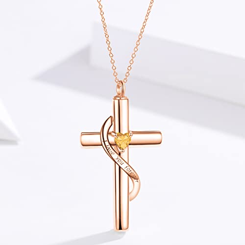 SOULMEET Crystal Cross Necklace for Ashes, Sterling Silver I Love You Forever Birthstone Cross Urn Necklaces for Ashes Keepsake Cremation Jewelry for Pet Human Ashes - style: K-Rose Gold-November