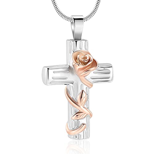Rose Flower Urn Necklace for Ashes Stainless Steel Rose Flower Corss Memorial Cremation Jewelry Ash Keepsake Pendant Necklace for Women Men - color: Rose Gold