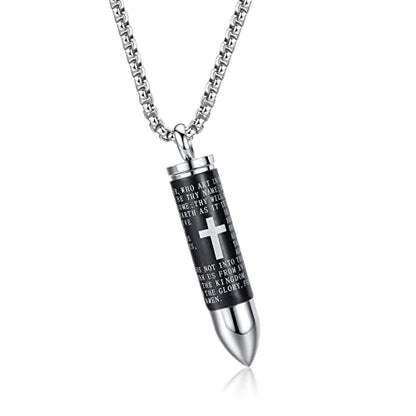 Mens Urn Necklace For Ashes Bullet Shape Cross Cremation Urn Jewelry - color: Silver-Black