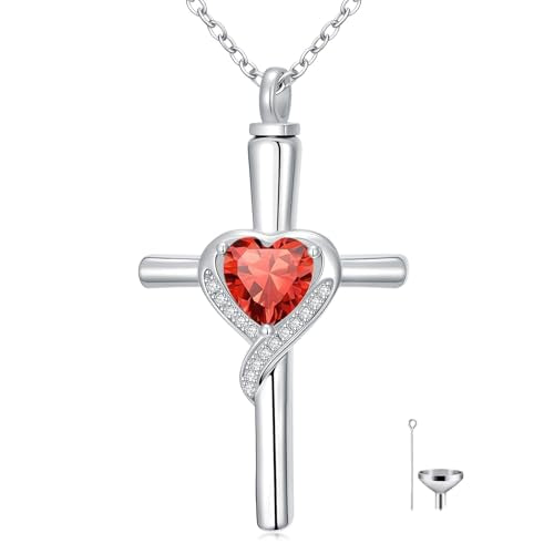 TOUPOP Cross Urn Necklaces for Ashes Birthstone Cremation Jewelry 925 Sterling Silver Cross Memorial Keepsake Funeral Jewelry for Women (with Funnel Filler) - color: 07-July-Ruby