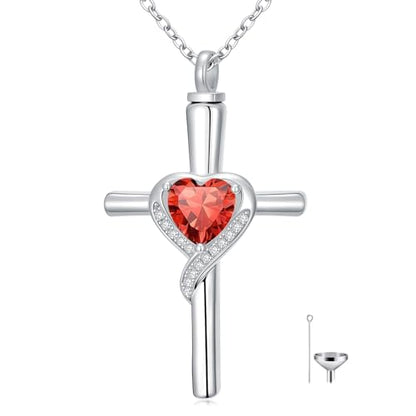 TOUPOP Cross Urn Necklaces for Ashes Birthstone Cremation Jewelry 925 Sterling Silver Cross Memorial Keepsake Funeral Jewelry for Women (with Funnel Filler) - color: 07-July-Ruby