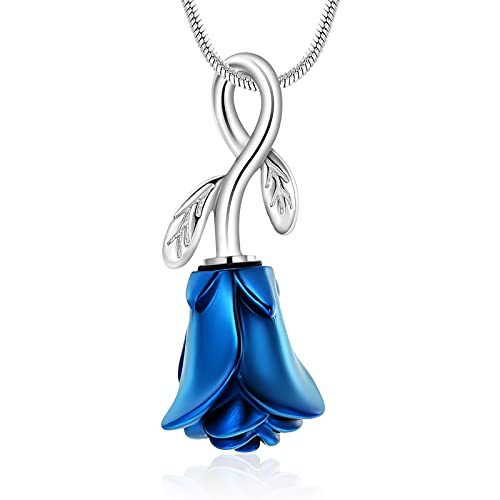 Rose Flower Cremation Urn Necklace for Ashes Stainless Steel Memorial Cremation Ash Jewelry Keepsake Pendant Necklace for Women Girl - color: Blue