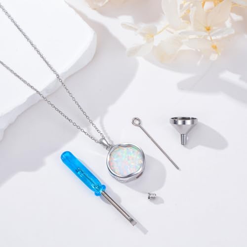 Urn necklace for Ashes 925 Sterling Silver Opal/Turquoise/Moonstone/Moss agate Pendant Cremation Memory Jewelry Keepsake Gifts for Women - style: Opal-round-cus