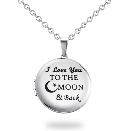 PHOCKSIN Personalized Locket Necklace for Women Photo Necklace with Customized Picture Birth Flower Birthstone Customizable Birthday Gifts - color: #24 Round Silver Moon&back