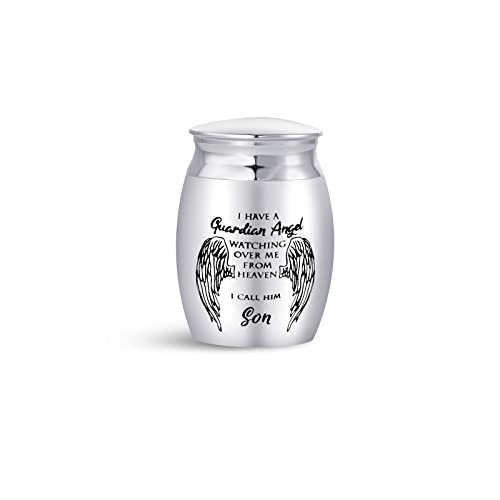 Men Son My Guardian Angel Mini Cremation Urns for Human Ashes Holder for Family Grandpa Grandfather Grandpapa Memorial Keepsake Stainless Steel 1.6"" Angel Wings - color: "Son, My Guardian Angel"