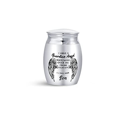 Men Son My Guardian Angel Mini Cremation Urns for Human Ashes Holder for Family Grandpa Grandfather Grandpapa Memorial Keepsake Stainless Steel 1.6"" Angel Wings - color: "Son, My Guardian Angel"