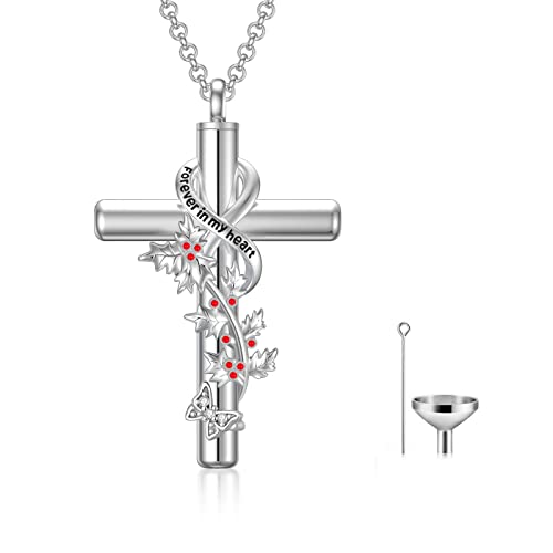 Cross Urn Necklaces for Ashes Sterling Silve 12 Month Birth Flower Cremation Jewelry for Ashes Urn Pendant Keepsake Memorial Pendant Necklace for Ashes for Human Women Pet - color: 12-December-Holly, style: Non-personalized
