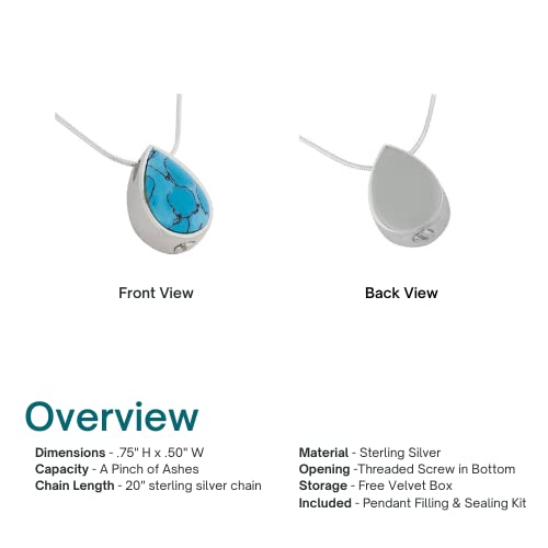 Turquoise Teardrop Pendant and Necklace for Ashes, Sterling Silver, Cremation Jewelry for Ashes - color: Turquoise Teardrop