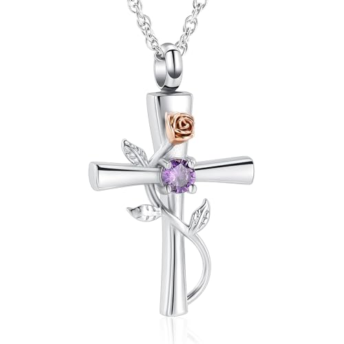 Urn Necklaces for Ashes Butterfly Cremation Jewelry for Ashes for Human Cross with Crystal Butterfly Memorial Ash Pendant Keepsake Jewelry Gifts for Loss of Loved One - color: Rose-Purple