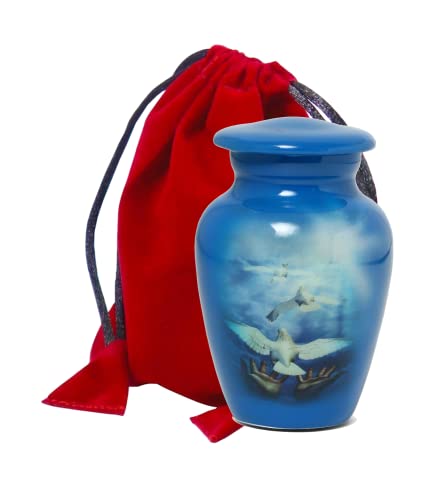 Small Cremation Urns for Funeral Remains Ashes Adult Male Female - Serenity Dove Painted Mini Ash Container - Small Keepsake Urn - Velvet Carry Bag - Gift Box - color: Blue Dove