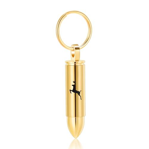 Cremation Jewelry Cylinder Urn Keychain for Ashes for Women Men with Glass Vial Keepsake Ashes Pendant Deer Memorial Jewelry - color: Bullet-Gold
