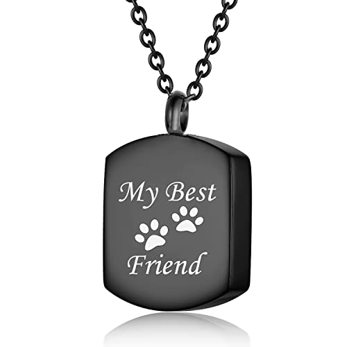 Stainless Steel Square Cremation Dog Tag Urn Necklace for Ashes — Pet Memorial Keepsake Jewelry for Dogs & Cats, Paw Print and Tree of Life Pendant for Women Men, Sympathy Bereavement Gift - color: Black-1
