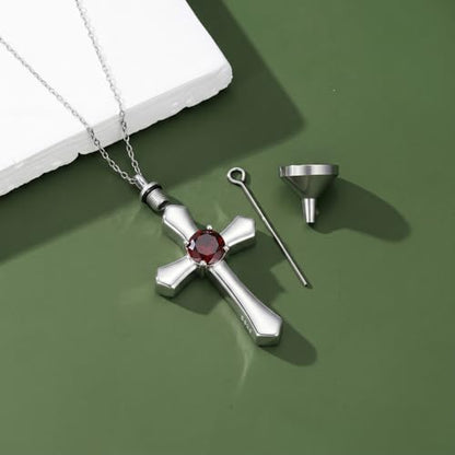 YYB Urn Necklace for Ashes Women Heart Birthstone Cross Cremation Jewelry | Memorial Keepsake Funeral Jewelry for Loved Ones (with Funnel Filler) - color: 01--Garnet January
