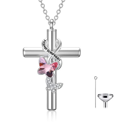 Cross Urn Necklace for Ashes 925 Sterling Silver Cremation Jewelry with Funnel Filler Kit Ashes Necklace for Human Women Girl Pets - color: A_Pink Butterfly Urn Necklace, style: Non-personalized